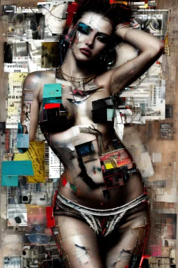 Ultra detailed medium portrait painting of a half naked woman sitting on a chair, no nudity, bended over, dark room with little light coming from an open door behind her, torn up collage of clippings, broken circuitry background, matrix effects, punk visual art, punk art aesthetic, graffiti art, pop surrealism, collage art, cluttered paint glitches