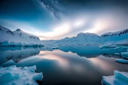 Capturing a nature scene on ice beneath the polar sky in a medium shot, reflected upon an icy and tranquil frozen lake, painting a surreal and dreamy landscape; settings: f/3.5 aperture, 20 sec shutter speed, ISO 1600, using a mirrorless camera and a wide to medium focal length lens, from a location within the Arctic Circle during winter."