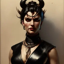 painted portrait of evil goddess in black leather, angry, strong, volouptous, busty, cleavage, emperious, mature, highly detailed, digital painting, artstation, concept art, smooth, sharp focus, illustration, art by gaston bussiere and alphonse mucha