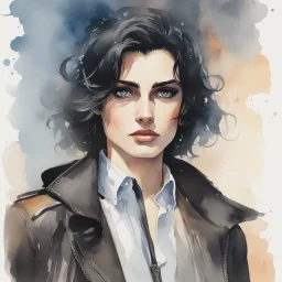 a headshot of an androgynous person with shoulder length black hair and (heterochronic eyes), intricately detailed, watercolor splash art