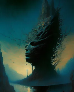 A captivating vision of a god floating, where nature has reclaimed the remnants of human civilization and new lifeforms have emerged, in the style of dark fantasy art, intricate details, moody lighting, and thought-provoking compositions, influenced by the works Zdzisław Beksiński, reflecting on the impermanence of humanity and the resilience of nature.