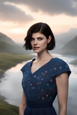 3D Bubbles, 3D Hearts, fog, clouds, somber, ghostly mountain peaks, a flowing river of electric water, fireflies, a close-up, facial portrait of a totally gorgeous Alexandra Daddario with short, buzz-cut, pixie-cut Black hair tapered on the sides, wide open, cobalt blue eyes, smiling a big bright happy smile, wearing a hoodie over a red bikini, in the art style of Boris Vallejo, THE PROM