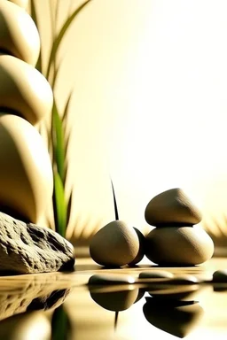 delicate background with spa stones and a bamboo stem, on a blurred background on the stones the silhouette of a flexible girl, photorealistic photo