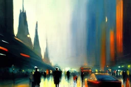 City, city lights, distant city, cars, people, street, lesser ury impressionism painting