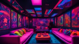 a vibrant blacklight hangout room adorned with mesmerizing blacklight posters, neon colors, psychedelic, youthful ambiance, recreational space, UV lighting, glowing artwork, retro aesthetic, trippy vibes, immersive atmosphere, energetic, illuminating experience, glowing visuals, ultraviolet, immersive lighting, vibrant hues, darkened environment.