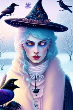 Friendly witch, playing with crows, perfect eyes, pastel colours, snow, style Elisabeth Kreitz