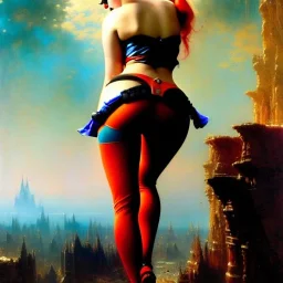 Drawing of beautiful face,'beautiful booty ,Busty Harley Quinn',intense stare, ancient skintight armor, balanciaga fashion clothe painting by gaston bussiere, greg rutkowski, yoji shinkawa, yoshitaka amano, tsutomu nihei, donato giancola, tim hildebrandt, Oil on canvas, cinematic composition, extreme detail,fit full head inside picture,16k