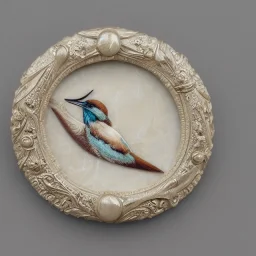 ivory brooch of a kingfisher, decorative design, classical ornament, highly ornate, highly intricate, highly detailed etching, marble carving, warm lighting, linen backdrop, sharp relief, dramatic lighting