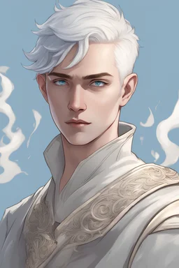 create a young male air genasi from dungeons and dragons, white short hair, undercut, light blue eyes, wind like hair, wearing vestments, He is smoking, realistic, digital art, high resolution, strong lighting