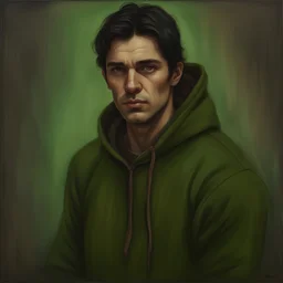A dark-haired man, brown eyes, green hoody, Oil portrait, lichtenstain style
