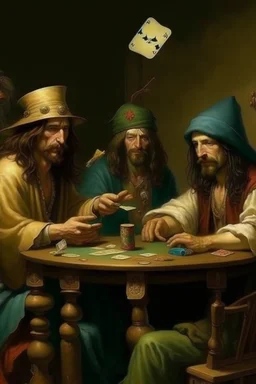 Jesus and some pirates friends smoking and playing cards, davinci. Surreal.