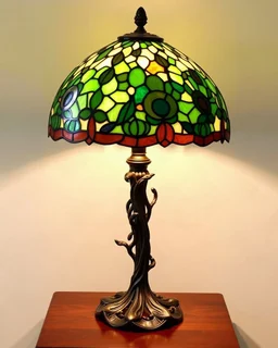 Tiffany-Style Lamp — stained glass shade with peacock feather pattern, bronze vine base, glowing on mahogany desk.