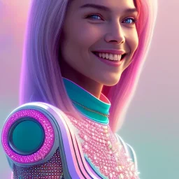 A portrait of a crystalised girl,smiling, laughting longs thin hairs white atmospheric, realistic,, cinematic lighting, octane render,, pink turquoise light, white skin, pink atmosphere, nice smile, jewels brillant, blue eyes, soft face, big smile, very happy, 8K hight quality, bright eyes light, pink silk dress, wrings fairies