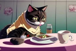 A cat wearing clothes is sitting at a table eating sushi. Manga style. Perfect iris. Paws. Mug with cat face