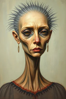 Busch painting style nightmare, an Egyptian woman, her skin texture made of grey dog hair Webber , she is without hair