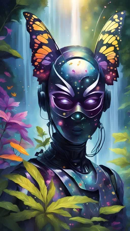 portrait of masked ninja butterfly psychedelic interdimensional robot in the garden, waterfall and elves ,lotsa wild weed, in spotlight, magazine cover illustration with spray paint, signed, bokeh like, down-light, unreal engine, prize winning