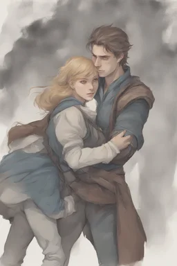 Dnd style, woman being hugged from behind by a young man