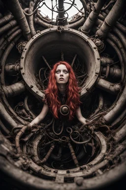 Girl with big eyes, fullbody, dieselpunk, valves extended like roots rising from the ground, the perspective looking up from the bottom of an empty well , 8k, macro photography by <John Kenn Mortensen>, darkred tones,