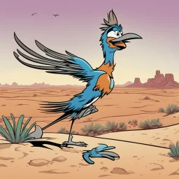 Roadrunner from the Looney Toons cartoon, thought bubble text "MEEP MEEP", background of a desert, television still