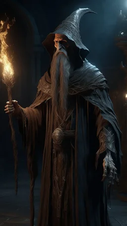 Busch painting style nightmare, a zoomed front view of a wizard standing in a 3d rendering full-height image of a grim and dark scene. Ensure the final images exhibit the utmost quality, with the play of a torch-lit dungeon encompassing 4K, 8K, and 64K resolutions, with 3D rendering that manifests in photorealistic, hyperrealistic, and highly detailed representations. Employ techniques such as HDR, UHD,