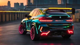 bmw x6 ultimate tuning Mansory Cyberpunk 2077 neon Style Rear View, Super Detailed, desktop wallpaper, 4K