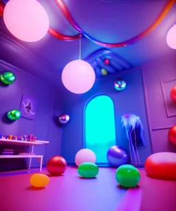 Ultra realistic speed room scene, wide angle view, childs playing with feather pillows and inflatable monsters, circus dress style, feather color, free jumping, many trinkets, hair monster, many jelly beans, balls, smile, extreme, wind, soft color, highly detailed, unreal engine 5, ray tracing, RTX, lumen lighting, ultra detail, volumetric lighting, 3d, finely drawn, high definition.