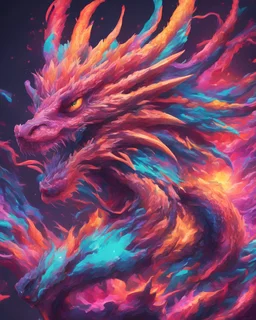 Close up shot, Dragon in a vibrant synthwave dreamscape, neon chaos swirling energetically around pixelated forms, a dynamic fusion of retro gaming nostalgia and futuristic abstraction