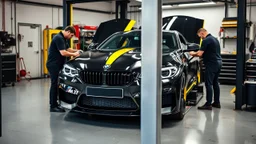 A car repair shop where two people are repairing a black and yellow BMW M6 series with an eye-catching theme in a sophisticated and special repair shop