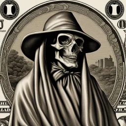 hedcut wsjstyle engraved light lined based on united states federal reserve note dollar bill with the grim reaper the president photorealistic