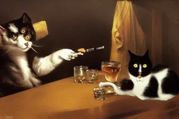 childrens book illustration, macskássy izolda, a frightened looking black and white cat with a cigarette in his mouth, a glass of whiskey in his hand, looking just at us in a smoky pub, van eyck, painted on rough canvas with exaggerated lines, sharp brushstrokes, dripping, plastic paint watercolor and ink, oil on canvas jean baptiste monge