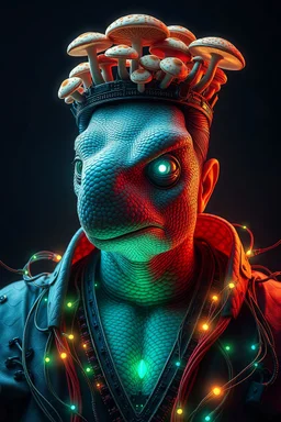 Elon Musk as a surreal, godlike figure—a fusion of AI, reptilian, and mushroom elements. His skin has a subtle, scaled texture with a bioluminescent glow, and his eyes glow with a high-tech, AI-like intensity. A crown made of circuit boards and mushrooms rests on his head, symbolizing his dominion over both technology and nature. His regal robes are intertwined with vines, glowing wires, and futuristic patterns.