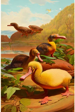 John James Audubon-like illustration of a fully uncropped Dodo bird and a Platypus in a landscape of yellows, reds, and warm blues