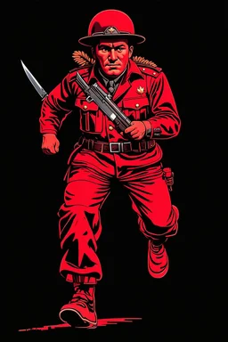 native canadian soldier(uniform and face based on racist steriotypes) running towards viewer, a knife i one hand, and a gun(barrel pointing at viewer) in the other. blocky retro 1960's jack kirby style poster in monochrome with white background