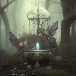 a tiny fairy fountain, scary, steam punk, realistic, made in octane, cinematic, ultra-realistic, extremely detailed octane rendering, 8K, VRAY Super Real ar 2:3, dof photorealistic futuristic 50mm lens hard lighting dark gray tintype photograph, realistic lighting, sepia color