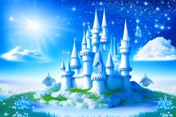 fairy and cosmic landscape with blue grass, magic plants, sky with light and stars. fairy white castle with diamond