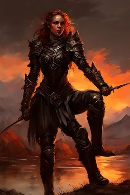 A formidable warrior girl in black armor, on the background Amazing gloomy landscape, flooded with sunset, mountains, trees, fabulous scary hero, , juicy emotions, painting, dark fantasy, gloomy day, dark world, portrait, by James Paick & Anna Razumovskaya