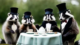 Anthropomorphic European badger wearing a tophat and having a tea party with his other anthropomorphic animal buddies. Photograph.