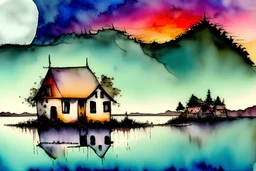 watercolor and alcohol ink painting of an old and precarious house on a small island in the middle of a lake with a huge moon in the background and reflecting in the water, a small boat leaning against it. watercolor painting, very naive style, abstract, extremely simple and wild, almost bad, no technique, corroded, high resolution