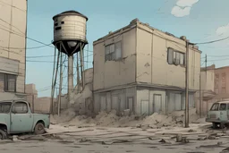 water tower, post-apocalypse, front view, street, comic book, cartoon