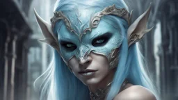 urban fantasy, woman, elf, skull mask, light-blue skin color