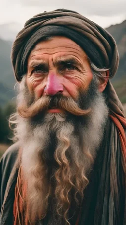 一位留着长胡子的老农民、他身上穿着破烂的衣服,戴着旧头巾,一脸严肃的正脸盯着我看,模糊的背景是大山