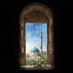 white background , jamkaran mosque in Iran has more blue green color and gold for pattern islamic in the dome . one big domes with beautiful lighting . white Daffodil flower in the floor , clouds with small birds in sky with crescent moon of ramdan . painting watercolor ,simple and islamic style , Painting like Vincent van Gogh style