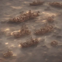 fleet of steampunk viking ships on Jupiter, 4k, highly detailed, cinematic, ultra photorealistic, ultra realistic, volumetric lighting