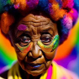 masterpiece, best quality, old woman, dark skinned, sparkling eyes, fluorescent skin, colorful makeup, afro, head shot, highly detailed body, sun light, 4K, RAW, depth of field, high contrast, realistic details, 24mm