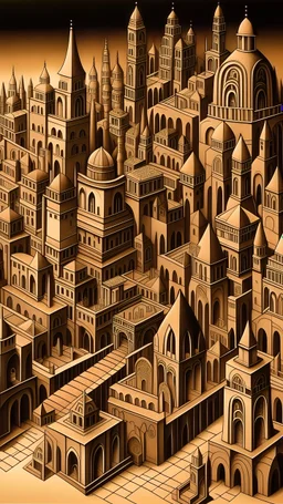 A city with towers painted by MC Escher