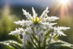 edelweiss con gocce di rugiada su sfondo di raggi di sole e arcobaleno