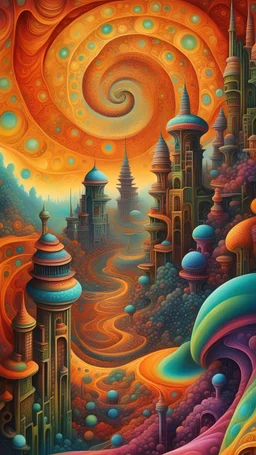 a painting of a futuristic city in the sky, a detailed painting, psychedelic art, organic ceramic fractal forms, spiral clouds, fractal algorightmic art, painting by android jones, deepdream, worms intricated, space fractal gradient, amazing colours, surrealist art, 3 d fractals