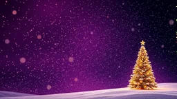 Golden Sparkling Christmas Background With Elegant Purple Navy-Blue And Black Sky With Subtle Snowfall And Decorated Christmas Tree Showing Dramatic And Cinematic Ambiance.