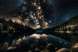 stunning night sky filled with stars and the Milky Way over a tranquil lake. --sref 4078766316 4149964749 2970491688 --v 6.0 --s 400 --p rcp1jio --style raw Modifiers: elegant Award winning photography fantasy illustration 8k very attractive beautiful fantastic view hyperrealistic 4K 3D crisp quality Unreal Engine cinematic postprocessing Thomas Kinkade pencil sketch stars Arthur Rackham Surrealism neon glowing Planets luminism Iridescent black ink lines Heavenly bodies Ink on water Thomas Kinka