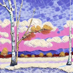 impasto painting of birch tree in snow by van gogh pink sky